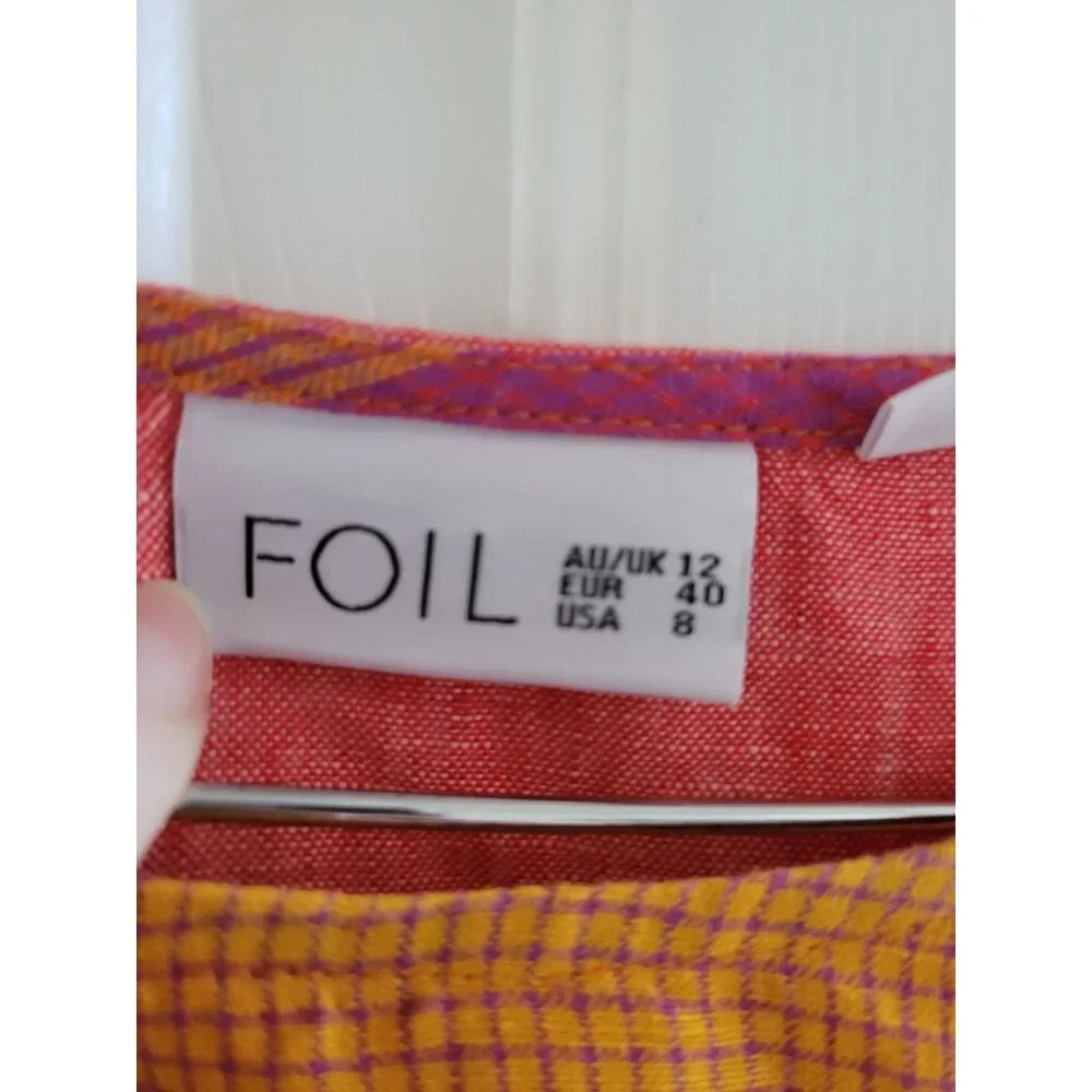 Foil Womens Linen Top Orange Purple Check Fiesta print size 8 lagenlook - Picture 2 of 8